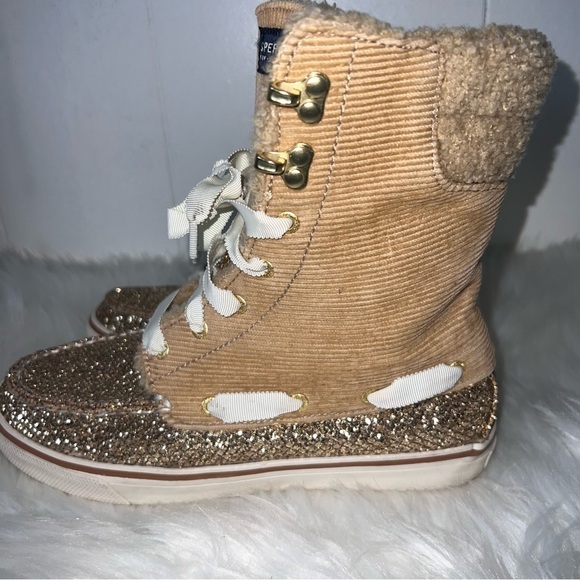 Sprerry Top Sider Acklins Tan Corduroy Gold Glitter Lace Up Boots 7 - Picture 6 of 14